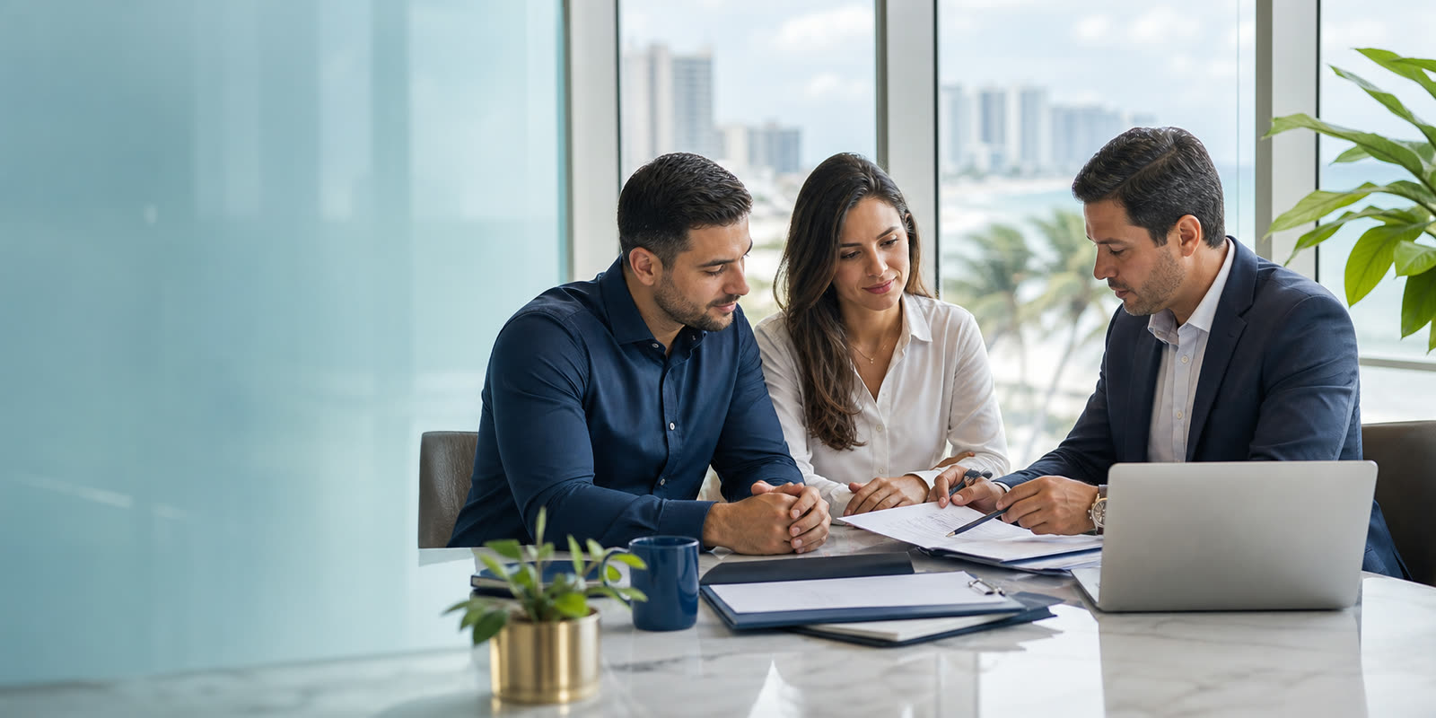 Consultor da ACTM orientando clientes em uma mesa de planejamento de seguros